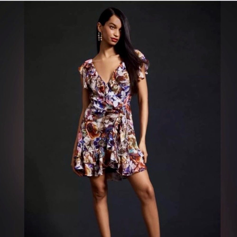 Anthropologie Maeve Floral Ruffle Wrap Dress SP Petite Boho